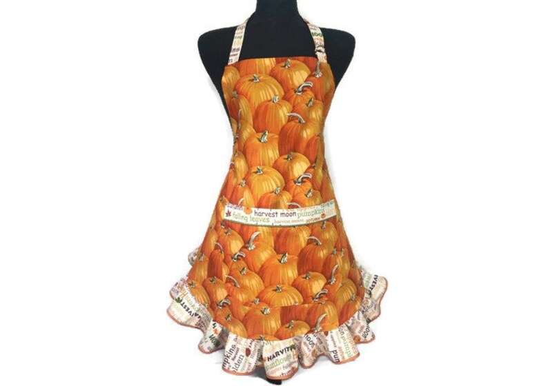 Retro Pumpkin Apron For women Thanksgiving Aprons for women Fall Decor Orange Pumpkin Kitchen Orange Apron with Ruffle Flirty
