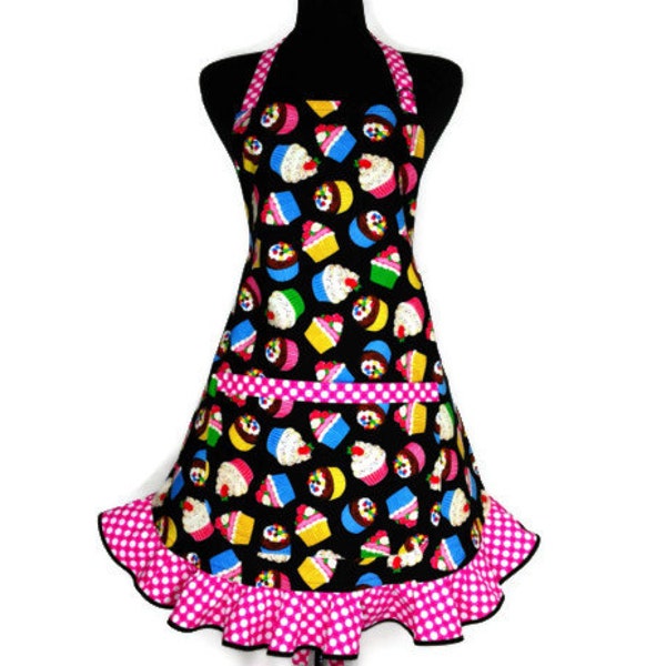 Cupcake Apron , Multicolor on Black wtih Hot Pink Retro Style Hostess Ruffle