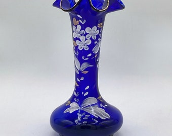 Vintage 1920s Hand Blown Bristol Glass Cobalt Blue Bud Vase White Floral & Gold Trim