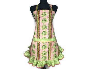 Cocktail Party Apron: Cabbage & Martini Olive Print, Green Check Ruffle