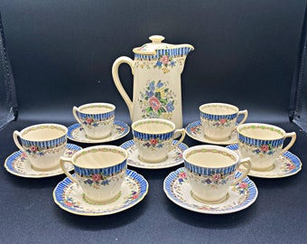 Vintage 1930s Royal Doulton The Vernon Floral Demitasse Tea Set / Pot, set of 7 Cups & Saucers