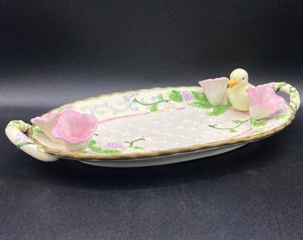 Vintage 2001 Avon Easter Chick Springtime Floral Serving Plate Platter Pastels