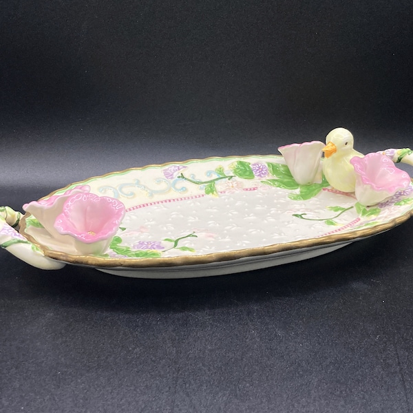 Vintage 2001 Avon Easter Chick Springtime Floral Serving Plate Platter Pastels