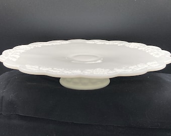 Vintage 1960s Westmoreland Milk Glass Pedestal Cake Plate Grape Leaves Pattern 12"