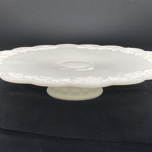 Vintage 1960s Westmoreland Milk Glass Pedestal Cake Plate Grape Leaves Pattern 12"