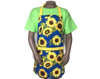 Blue Sunflower Apron for Kids / Child Size Apron with Sunflowers / BBQ Chef Style / Adjustable with Pocket  / Yellow Flower Apron