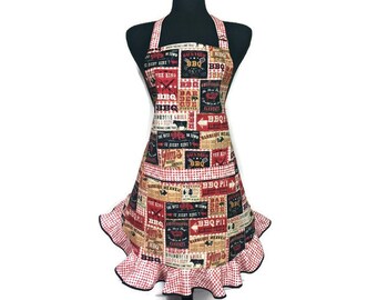 BBQ Apron for Women: Retro Rust Check Ruffle Kitchen Apron
