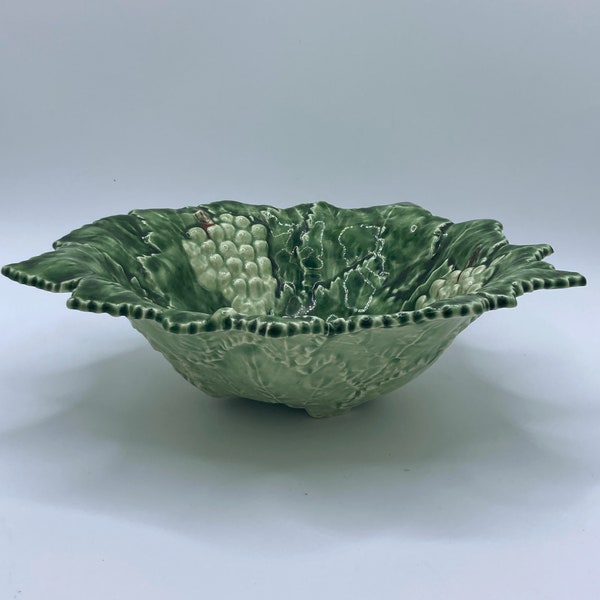 Green Footed Hand Painted Grape Leaf Majolica Serving Bowl from Caldas Portugal