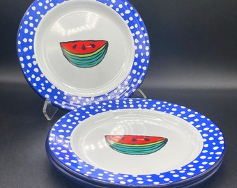 Vintage 1997 Enamelware Luncheon Snack Plates 8.75" Watermelon Set of 4