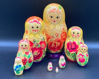 Vintage USSR 9 Piece Matryoshka Wooden Nesting Dolls Hand Painted 7" Floral / Russian