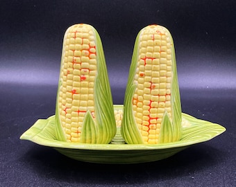 Vintage 1970's Corn on the Cob Salt Pepper Shakers w Tray Hand Painted Ceramic