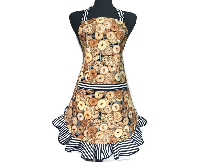Black and white stripe ruffle Retro Bakery Flirty Aprons for women Bagles and stripes Bake off Girls apron Bagel Apron for women