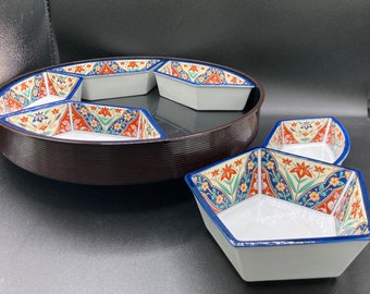 Vintage 90&#39;s Japanese Imari Porcelain Lazy Susan 7pc Floral Pattern dishes 14.5&quot;