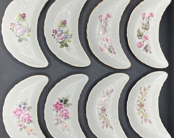 Vintage 1950's Set of 8 Chadwick Porcelain Crescent Shaped Bone Dishes / 4 floral designs / Made in Japan