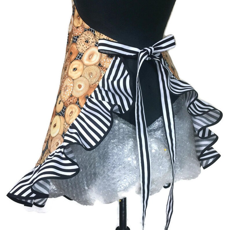Black and white stripe ruffle Retro Bakery Flirty Aprons for women Bagles and stripes Bake off Girls apron Bagel Apron for women