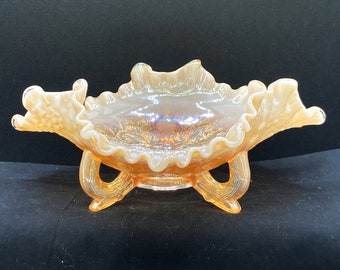 Vintage 1980s Fenton Peach Opalescent Tri-footed Bowl 'Fenton's Flowers' Compote RARE.