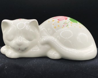 Vintage 80s Home Interiors Gifts Porcelain Sleeping Cat Figurine 7.25" Long Hand Painted