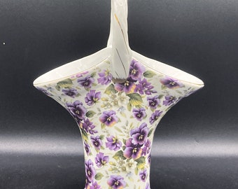 1984 Purple Pansy Porcelain Basket Vase Formalities Baum Bros Chintz Collection