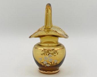 Vintage 1980's Bohemian Boro Crystal Czech Amber Art Glass Handled Basket Vase