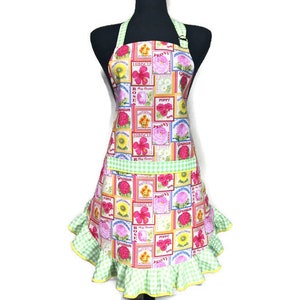 Handmade Floral Apron: Pink Spring Flowers, Green Ruffle, Adjustable Cotton Apron