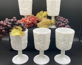 Vintage Westmoreland White Milk Glass Goblets Set (5) Paneled Grape Leaf Pattern