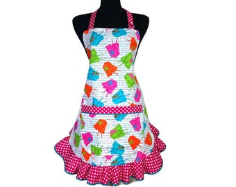 Retro Aprons for women / Neon Chinese Take out Boxes / Adjustable with polka dot Ruffle / Asian apron for girls / Fortune Cookies