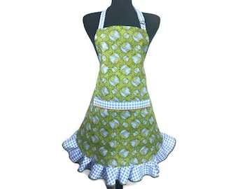 Green and Blue Retro Style Apron for women / Planet Earth / Earth Day print apron with ruffle / Blue Globes on a Green Background / Flirty