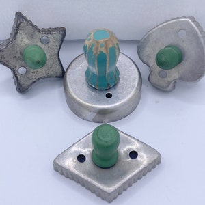 Vintage Aluminum Cookie Cutters Green Wood Handles Lot of 4 / Star Heart Round