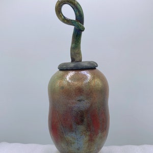 Studio Art RAKU Pottery Vase Jar Urn with Lid Shiny Iridescent / UNIQUE / RARE