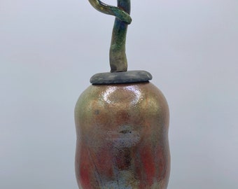 Studio Art RAKU Pottery Vase Jar Urn with Lid Shiny Iridescent / UNIQUE / RARE