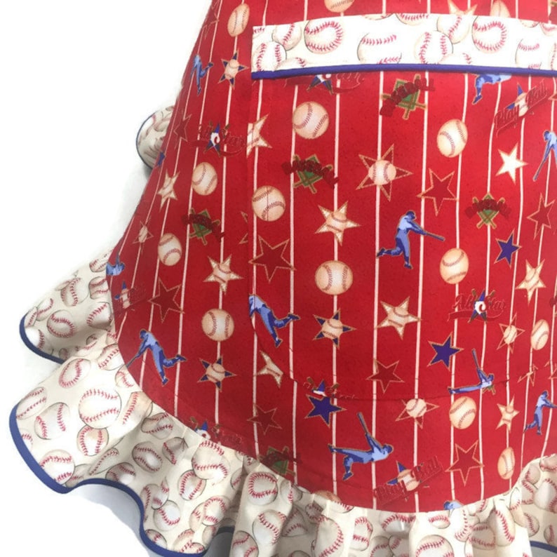 Baseball Apron for women Retro Style Ruffled apron with Baseballs Red Cotton Apron with ruffles Little League Softball Sports