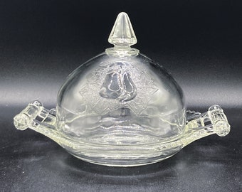 Vintage 1950s Clear Pressed Glass Domed Butter / Cheese Dish by Adams & Co Pear Motif