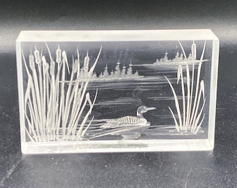 1989 Original Frank Albrecht 3D Lucite Etching FRA Loon 3x5x1.25" MINT / Minnesota State bird