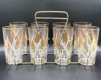 Vintage 1960&#39;s Libbey Highball Beverage Glasses w Caddy Rack Wheat Sheaf Pattern