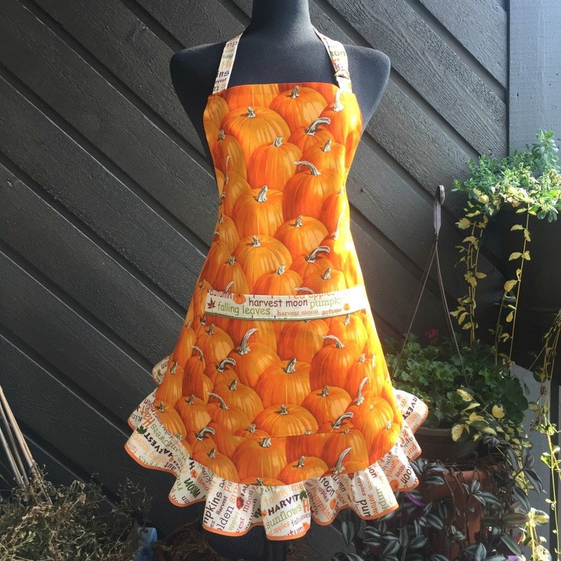 Retro Pumpkin Apron For women Thanksgiving Aprons for women Fall Decor Orange Pumpkin Kitchen Orange Apron with Ruffle Flirty
