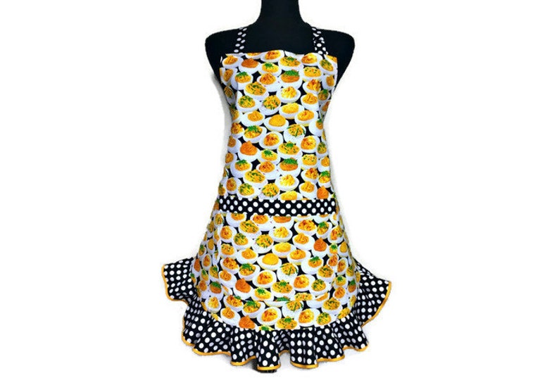 Deviled Egg Apron for Women Retro Style Apron with Eggs Aprons for women Polka Dot Ruffle Adjustable Egg Print apron for girls