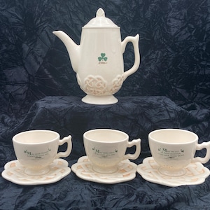 Vintage 1980s Irish Celtic Coffee Teapot w Cup Saucer Sets Blessings & Shamrocks by Russ Berrie