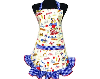 4th of July Apron for women , Yellow with blue retro style ruffle "Patriotic Picnic" / Hot Dogs / Hamburgers / Aprons for women