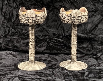 Vintage 1990s Pair Myths & Legends Metal Skull Candle Holders Goth Halloween