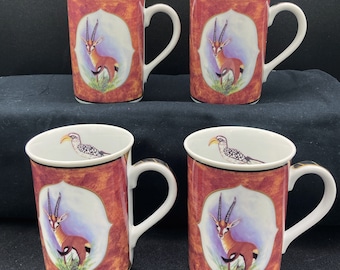 Vintage 1995 Chase African Portraits Gazelle Coffee Mugs / Lynn Chase / 24K Trim Set (4)