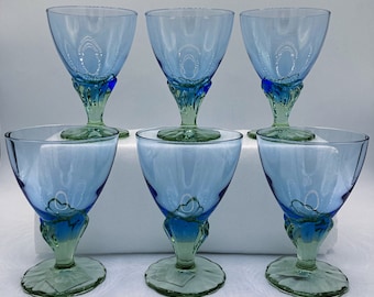 Vintage 2000 Bormioli Rocco Bahia Star Glass Dessert / Drinking Glasses Made in ITALY  Blue and Green Set of 6