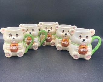 Vintage 1975 ceramic Teddy Bear Mug set (5) w Honey Pot JSNY #394029103101