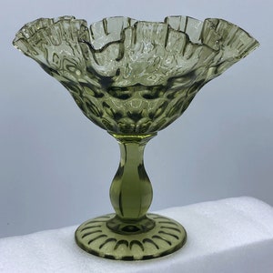 Vintage 1960&#39;s Fenton Glass Avocado Green Pedestal Thumbprint Candy Dish Compote