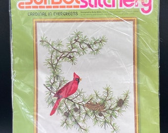 Vintage SEALED 1976 Sunset Stitchery Kit Cardinals in Evergreens  / Pinecones