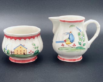 Vintage Villeroy Boch Jardin Alsace Fleur Creamer Sugar Set Bird House pintado a mano Luxemburgo