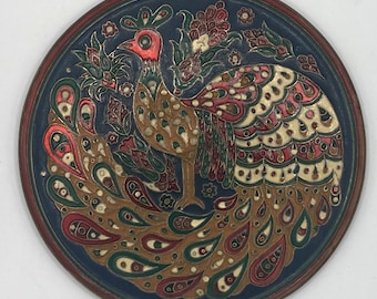 Vintage 1970's Solid Bronze Enameled Cloisonne Peacock Wall Plate 7.75"