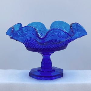 Blue Glass Pedestal Compote Candy Nut Bowl Dish Ruffled Rim Octagon Base