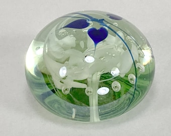 Vintage Art Glass Paperweight by Roger Vines / Mt. St. Helen's Ash 1984 / artist signed / Blue and Clear