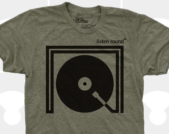 Vinyl Recort TShirt - LISTEN ROUND - Turntable Shirt - DJ Shirt - Music Shirt - Hand Screen Printed Shirt