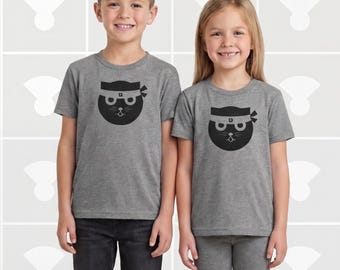 Ninja Cat Kids Shirt | Hand-Printed Boy or Girl Feline Tee | Soft Youth & Toddler Graphic